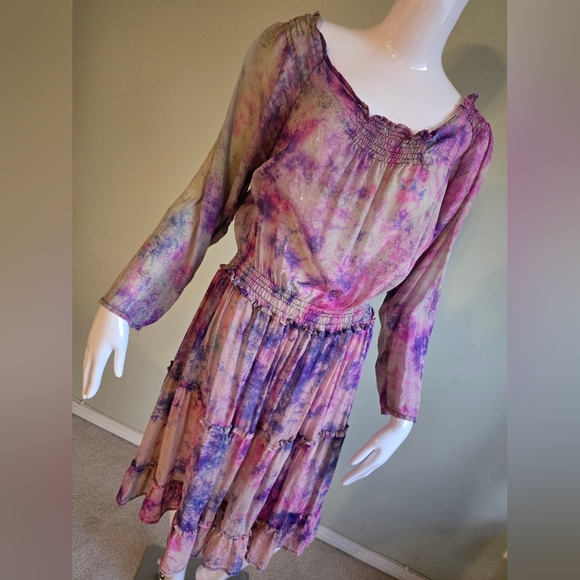 gypsy soul Dresses & Skirts - Gypsy Soul Pink and Purple Pleated Ruffled Long Sleeve Boho Colorful Size Large